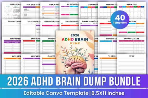 2026 ADHD Brain Dump Bundle Canva Kdp